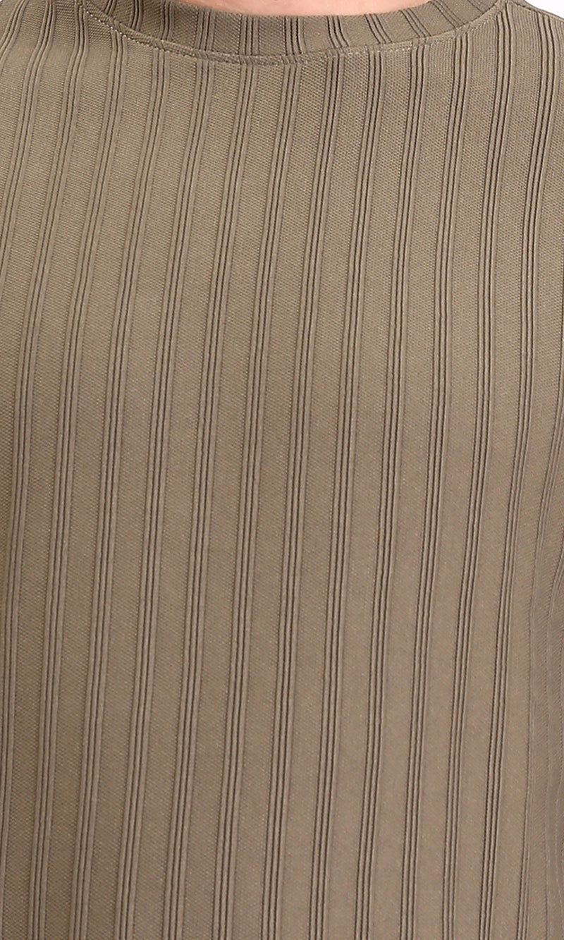 R212654 - Elbow Sleeves Striped Casual Tee - Dark Khaki