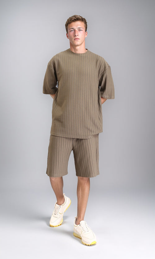 R212654 - Elbow Sleeves Striped Casual Tee - Dark Khaki