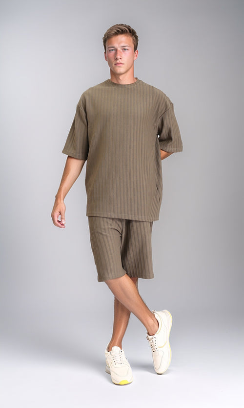 R212654 - Elbow Sleeves Striped Casual Tee - Dark Khaki