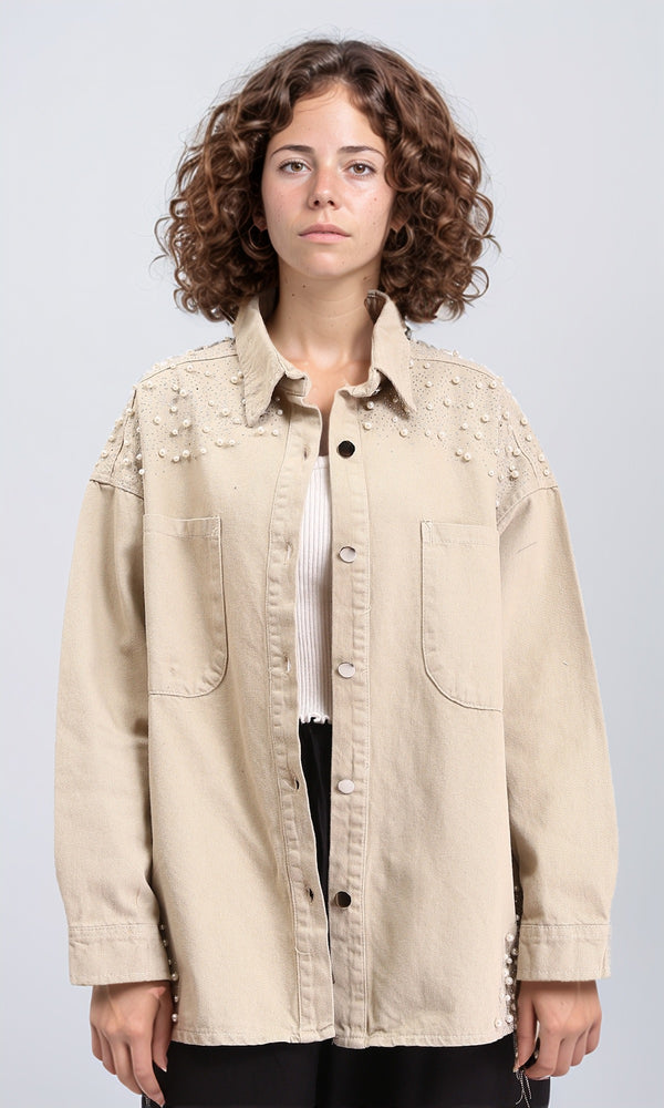 R212662 - Buttoned Shirt With Decorative Pearls - Beige