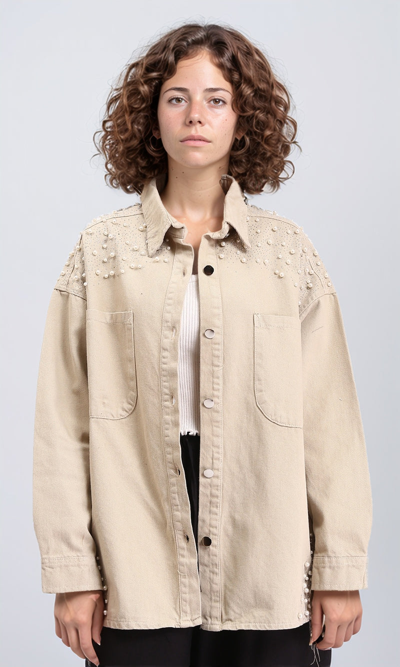 R212662 - Buttoned Shirt With Decorative Pearls - Beige