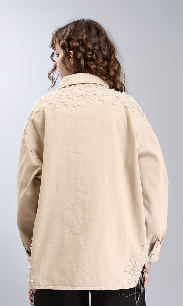 R212662 - Buttoned Shirt With Decorative Pearls - Beige