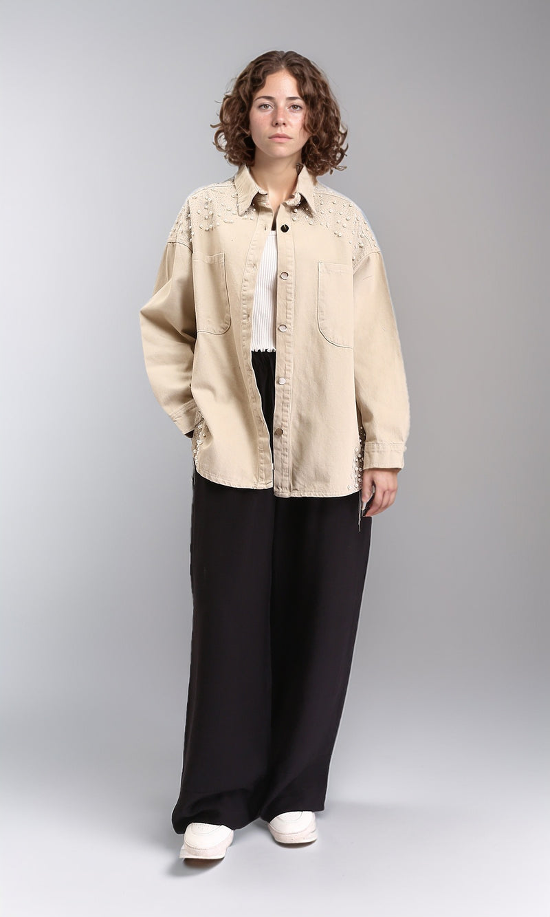 R212662 - Buttoned Shirt With Decorative Pearls - Beige