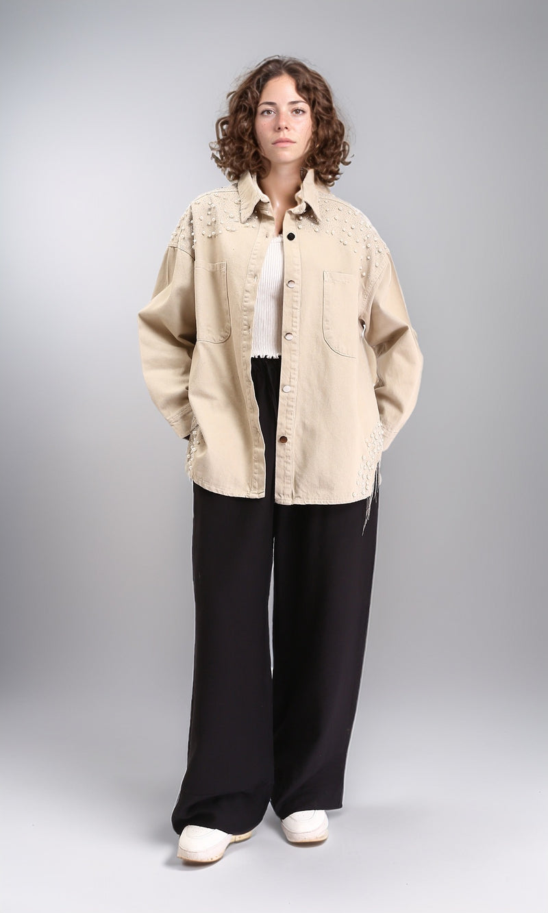 R212662 - Buttoned Shirt With Decorative Pearls - Beige