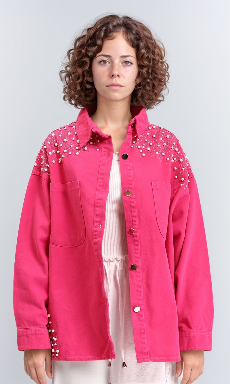 R212664 - Buttoned Shirt With Decorative Pearls - Fuchsia