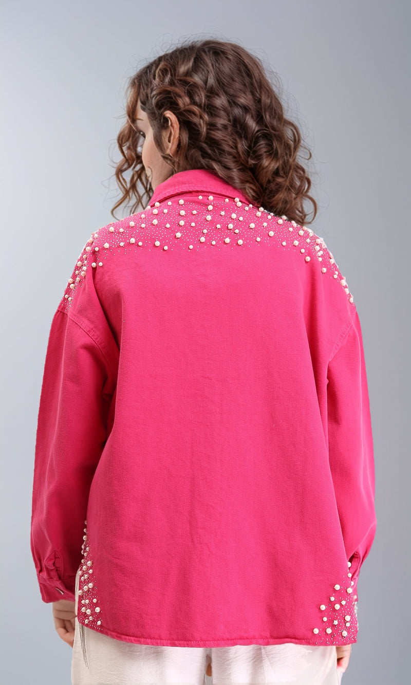 R212664 - Buttoned Shirt With Decorative Pearls - Fuchsia