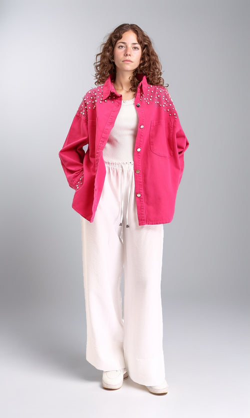 R212664 - Buttoned Shirt With Decorative Pearls - Fuchsia