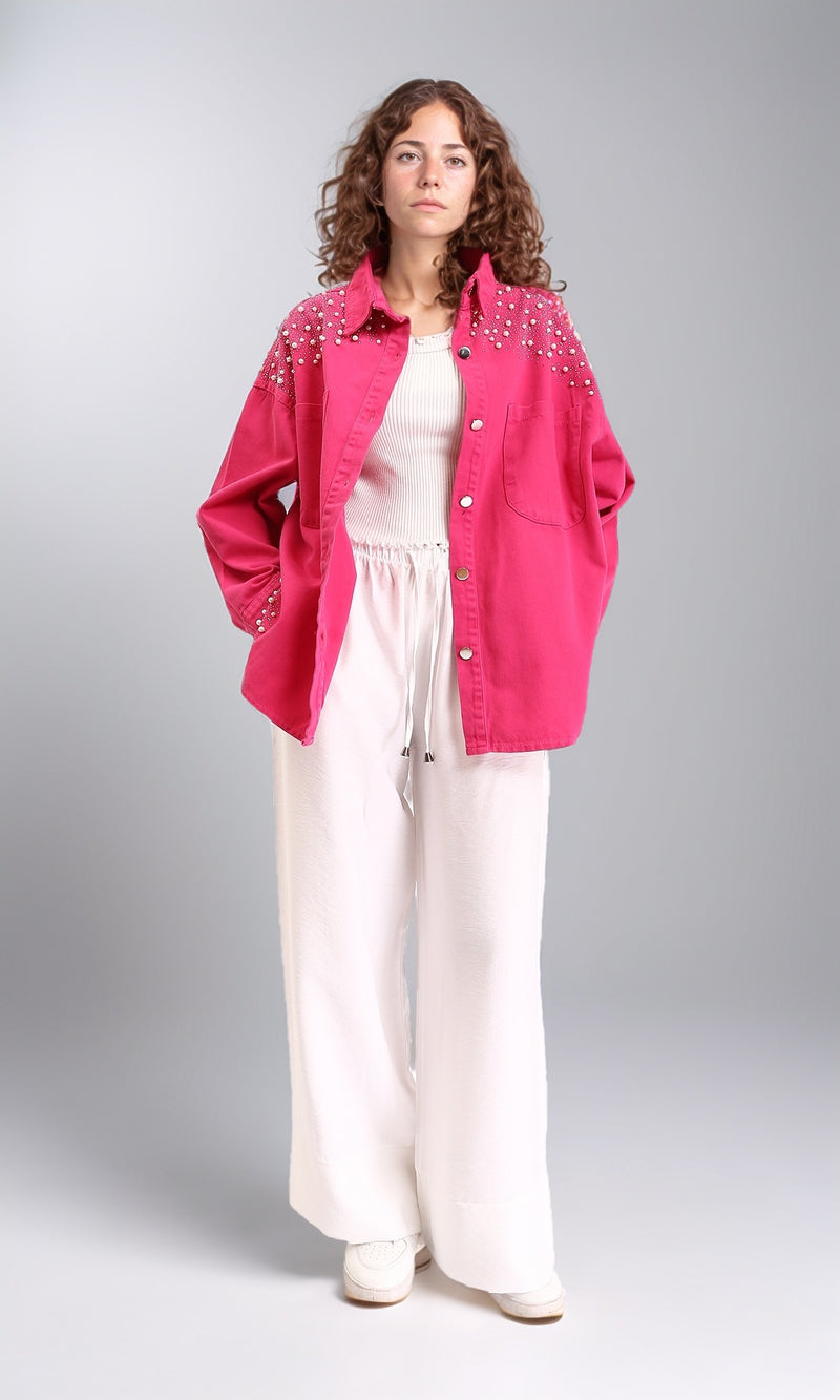 R212664 - Buttoned Shirt With Decorative Pearls - Fuchsia