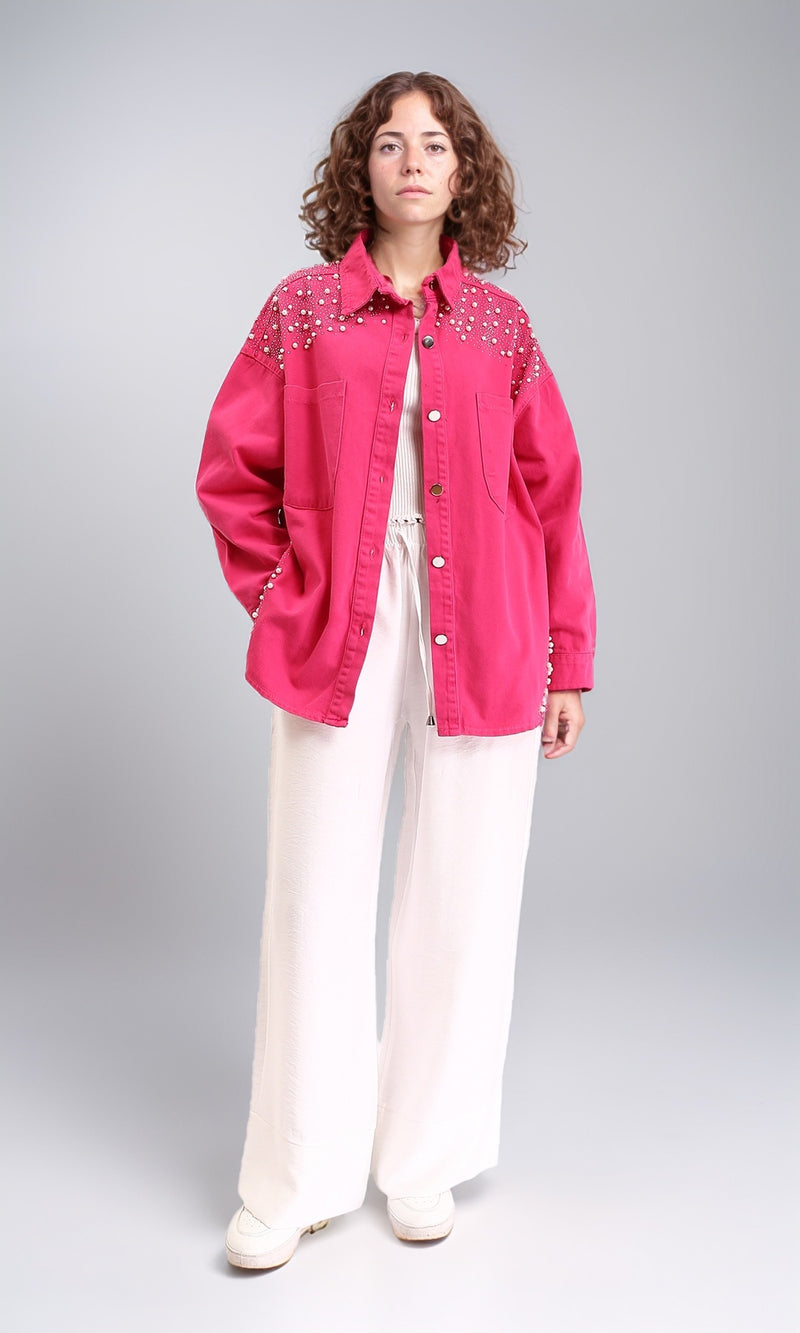 R212664 - Buttoned Shirt With Decorative Pearls - Fuchsia