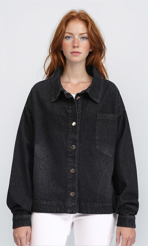R212665 - Buttoned Denim Jacket with Pockets - Black