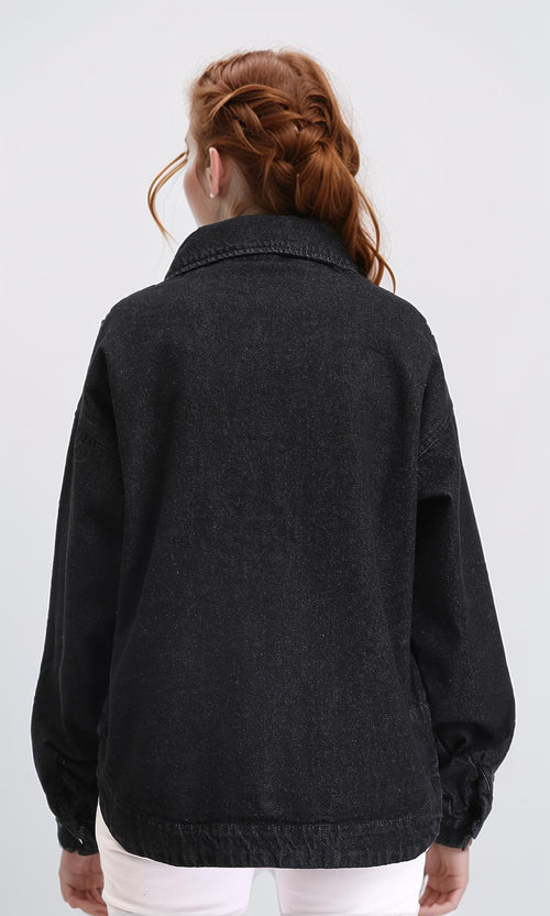 R212665 - Buttoned Denim Jacket with Pockets - Black