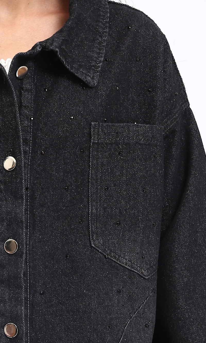 R212665 - Buttoned Denim Jacket with Pockets - Black