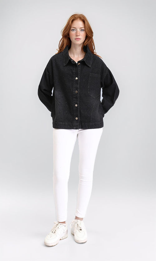 R212665 - Buttoned Denim Jacket with Pockets - Black