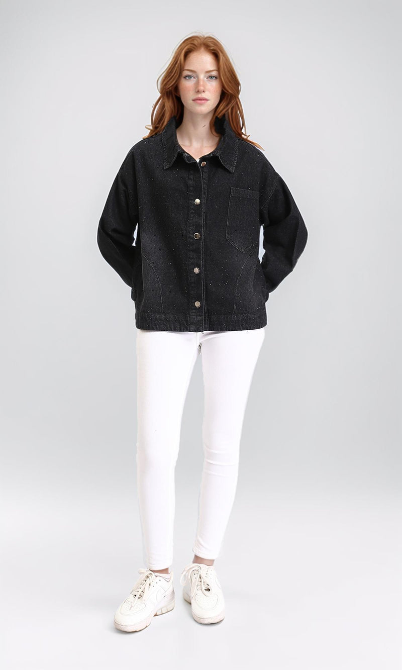 R212665 - Buttoned Denim Jacket with Pockets - Black