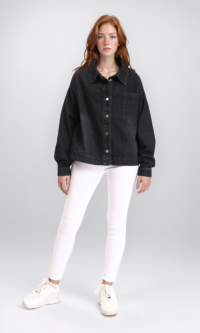 R212665 - Buttoned Denim Jacket with Pockets - Black