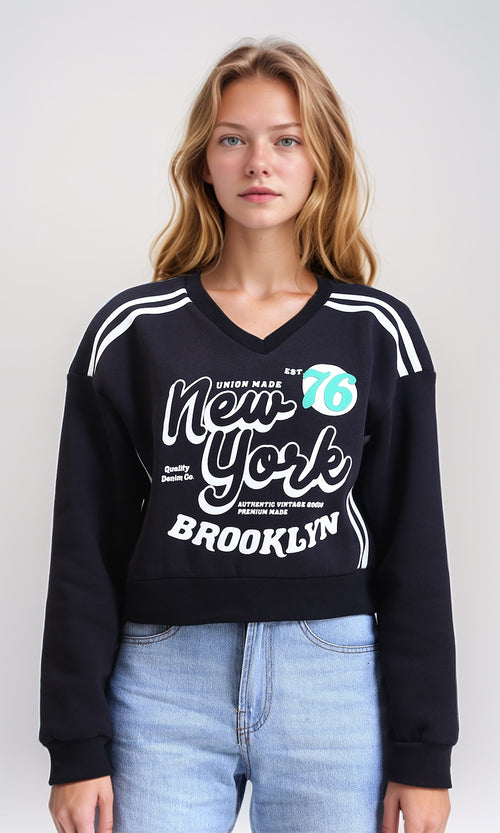 R212666 - Printed V-Neck Slip On Short Sweatshirt - Black