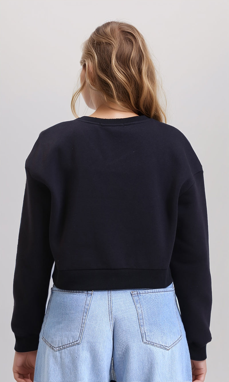 R212666 - Printed V-Neck Slip On Short Sweatshirt - Black