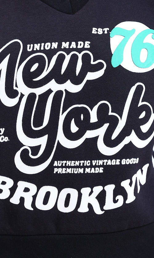 R212666 - Printed V-Neck Slip On Short Sweatshirt - Black