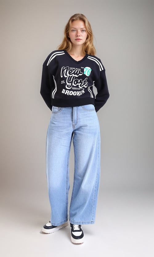 R212666 - Printed V-Neck Slip On Short Sweatshirt - Black