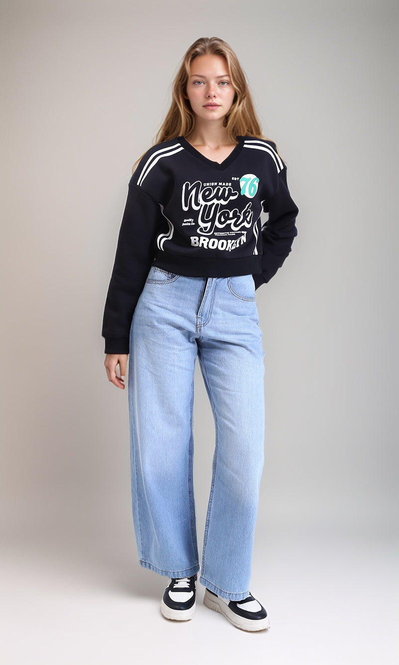 R212666 - Printed V-Neck Slip On Short Sweatshirt - Black