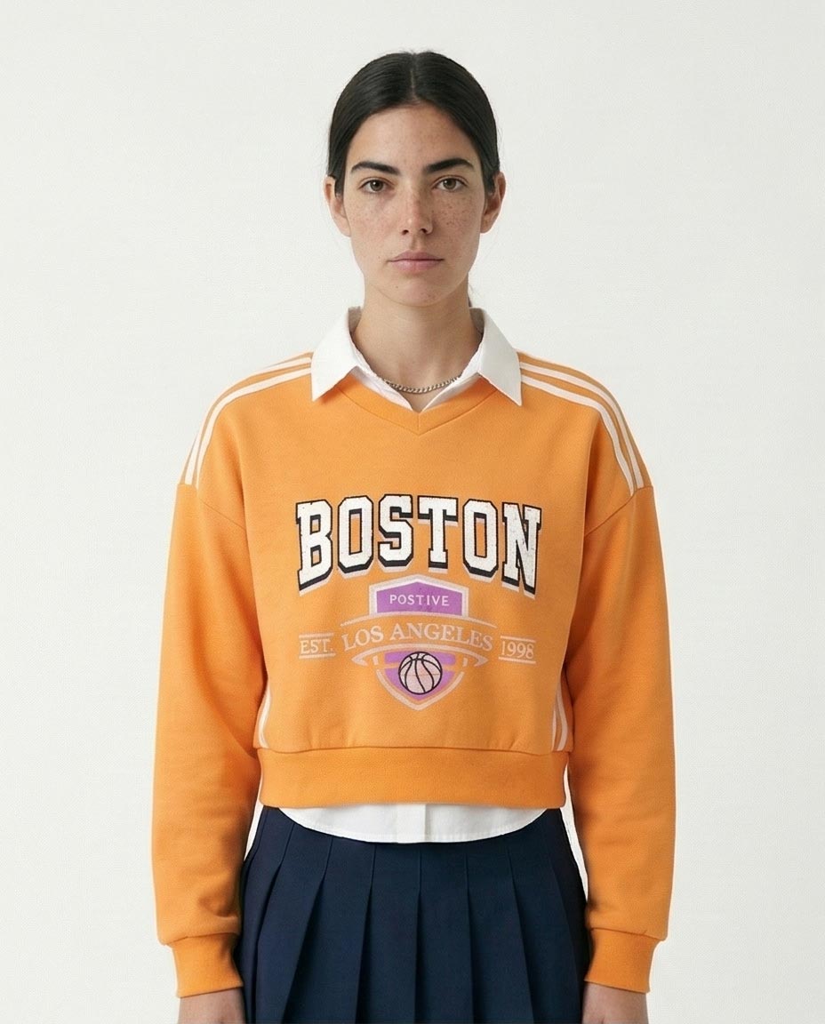 "boston" Short Sweatshirt with Hem - Light Orange