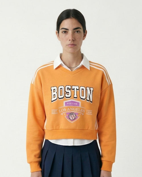 "boston" Short Sweatshirt with Hem - Light Orange
