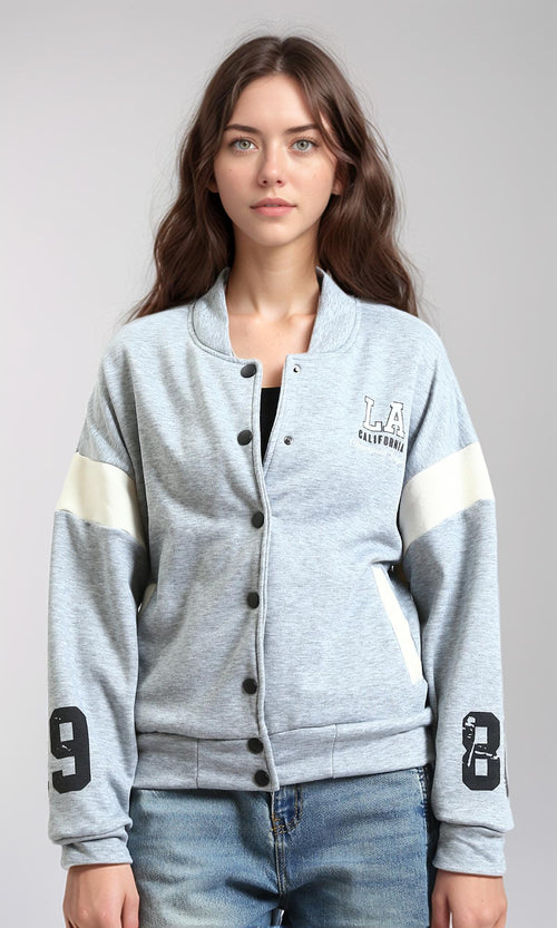 R212671 - Long Sleeves Trendy Baseball Jacket - Heather Grey
