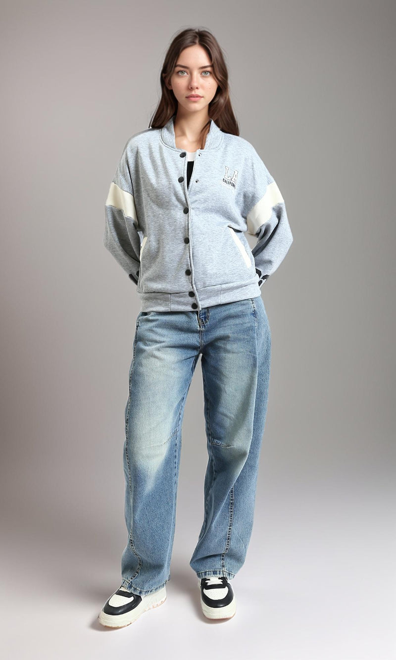 R212671 - Long Sleeves Trendy Baseball Jacket - Heather Grey