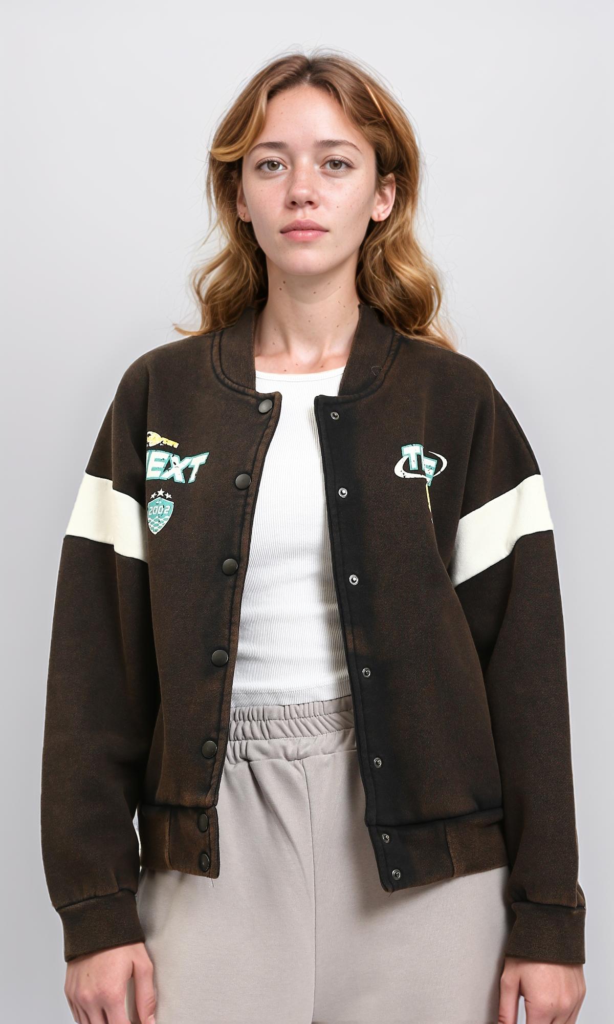 R212673 - Burnt Brown Varsity Jacket with White Striped Sleeves