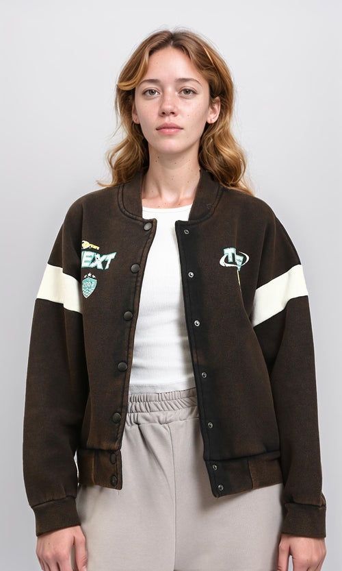 R212673 - Burnt Brown Varsity Jacket with White Striped Sleeves