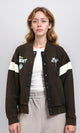 R212673 - Burnt Brown Varsity Jacket with White Striped Sleeves