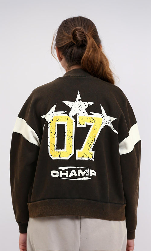 R212673 - Burnt Brown Varsity Jacket with White Striped Sleeves