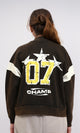 R212673 - Burnt Brown Varsity Jacket with White Striped Sleeves