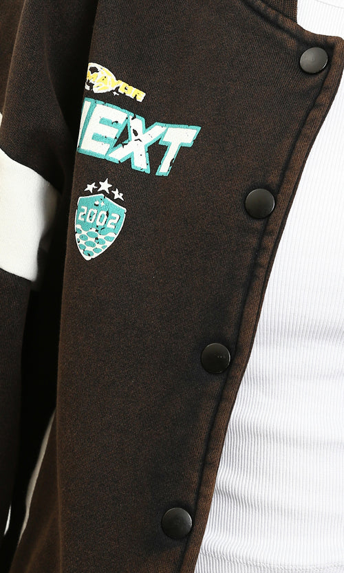 R212673 - Burnt Brown Varsity Jacket with White Striped Sleeves