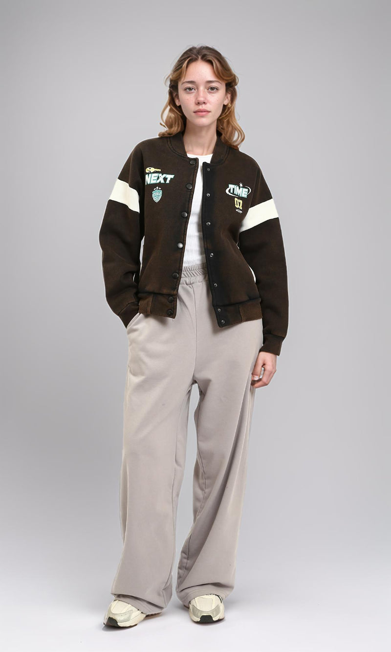 R212673 - Burnt Brown Varsity Jacket with White Striped Sleeves