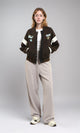 R212673 - Burnt Brown Varsity Jacket with White Striped Sleeves