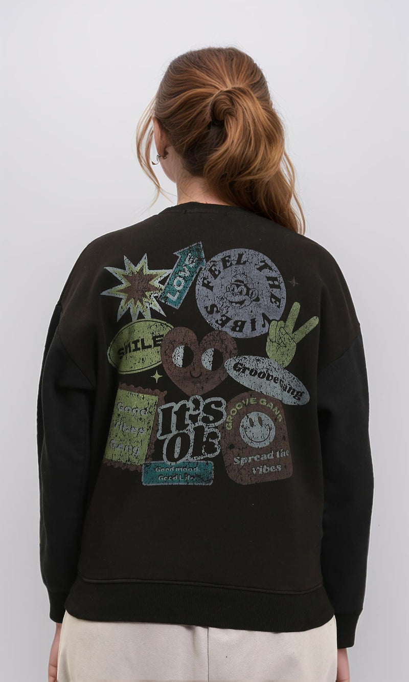 R212675 - Front & Back Print Crew Neck Sweatshirt - Black