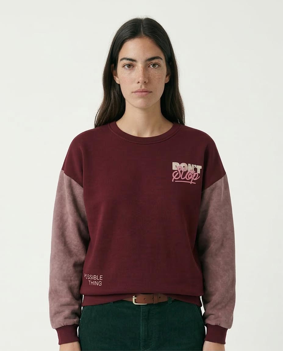 Women's "don't Stop" Multi-Print Color-Block Sweatshirt - Burgundy & Rose Melton