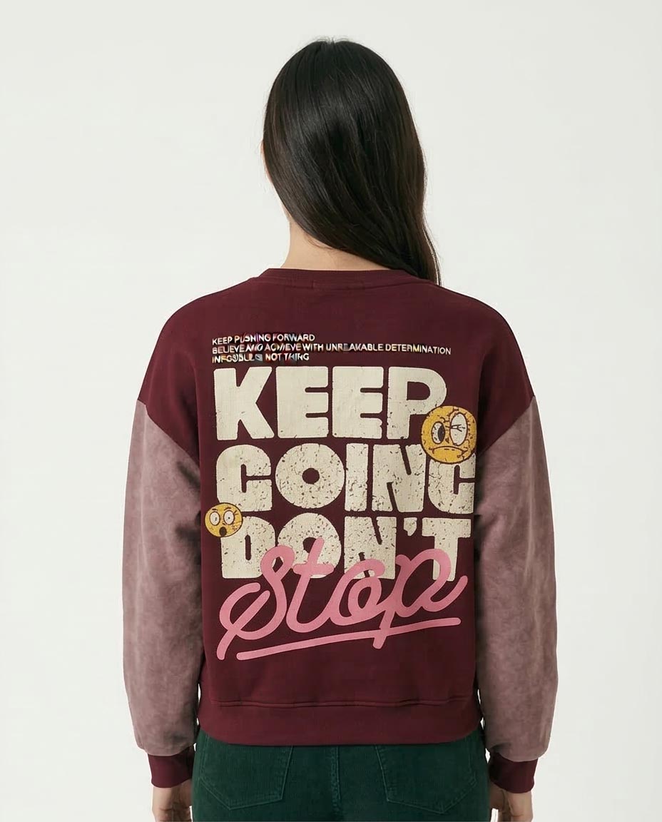 Ravin Women's "DON'T STOP" Multi-Print Color-Block Sweatshirt – Burgundy & Rose Melton - R212676