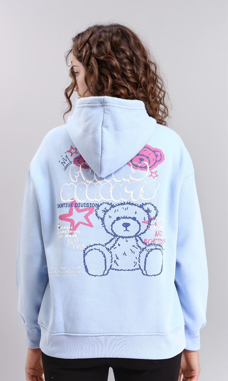 R212679 - Hooded Neck Printed Regular Hoodie - Light Blue