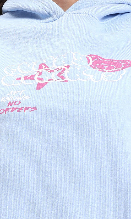 R212679 - Hooded Neck Printed Regular Hoodie - Light Blue