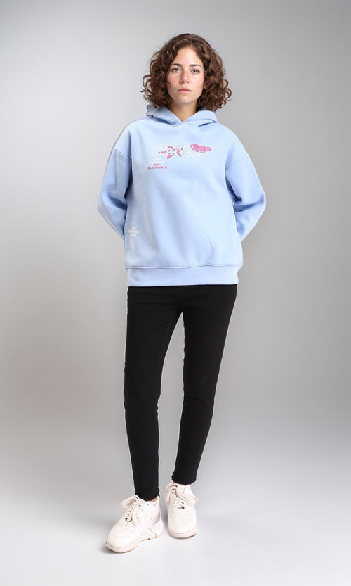 R212679 - Hooded Neck Printed Regular Hoodie - Light Blue