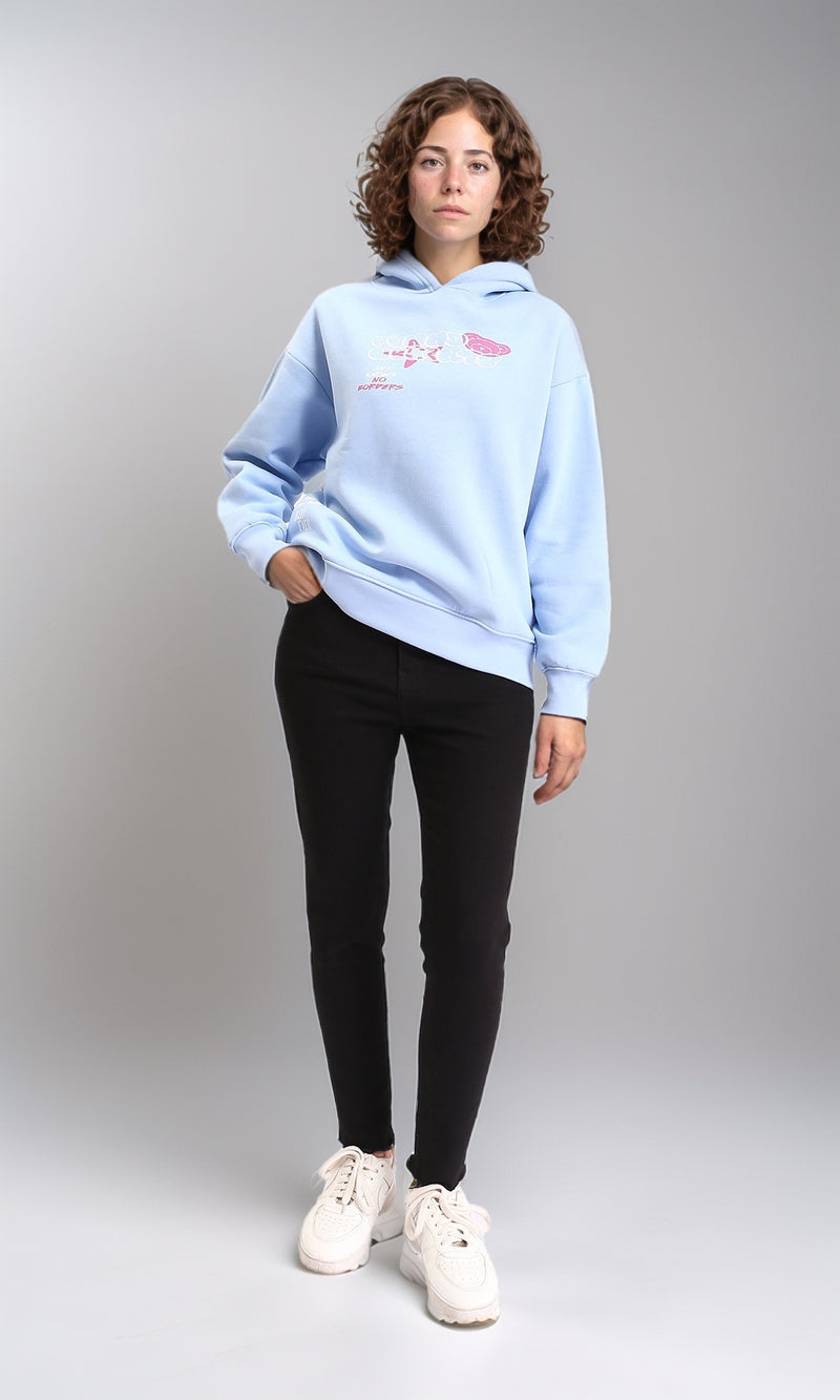 R212679 - Hooded Neck Printed Regular Hoodie - Light Blue