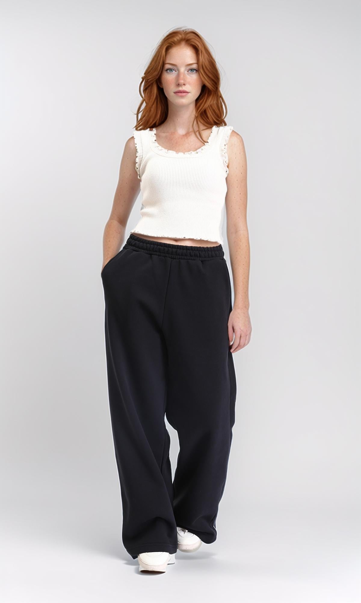 R212682 - Comfy Elastic Waist Cotton Wide Pants - Black