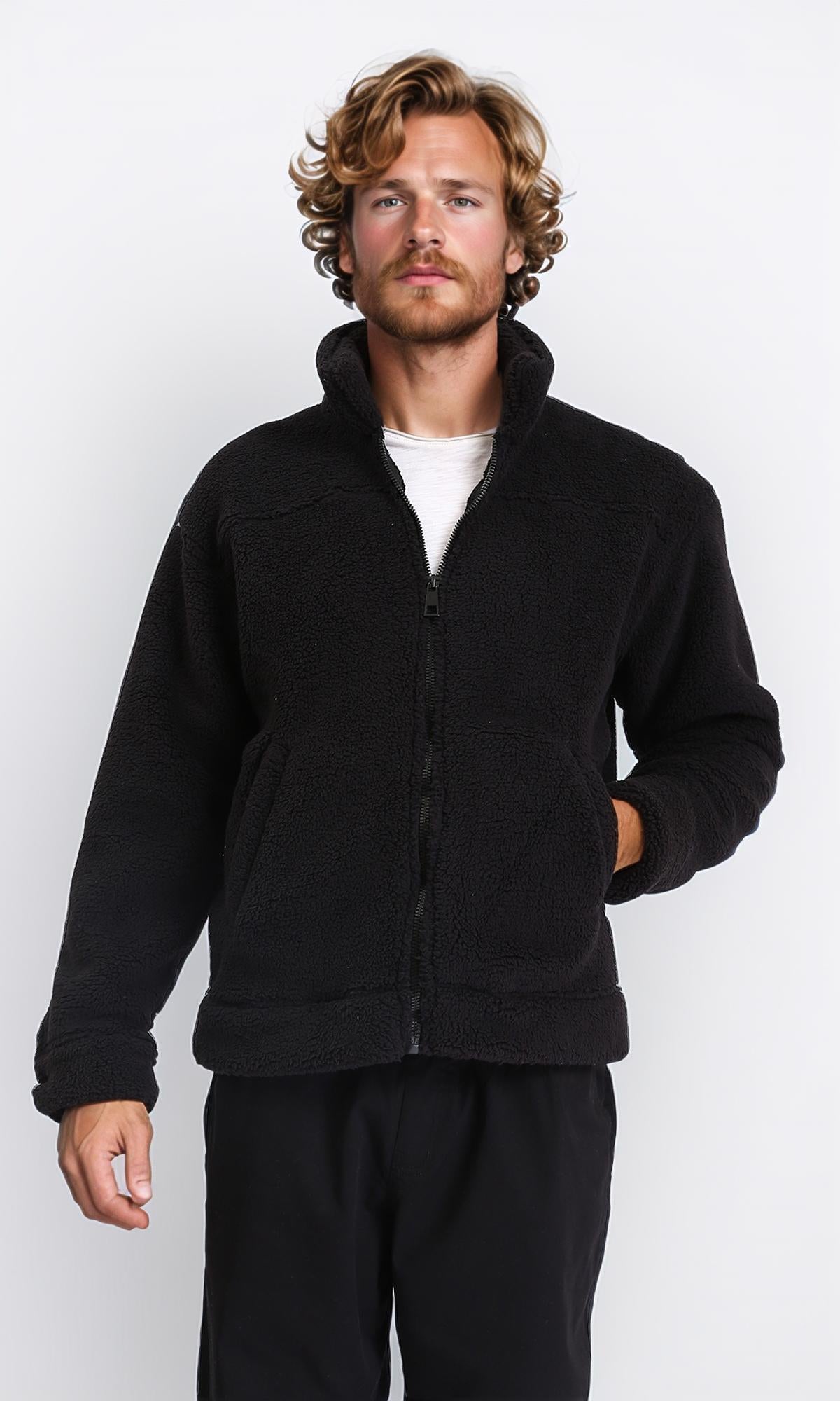 Wool Long Sleeves Jacket with Front Zipper - Black