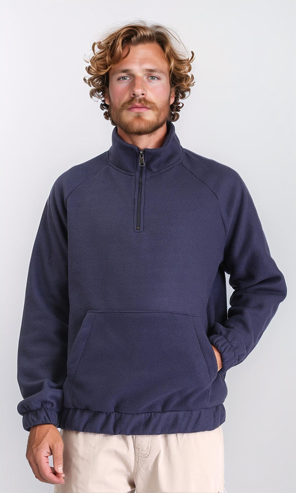 R212778 - Zipper Through Neck Solid Sweater - Navy Blue