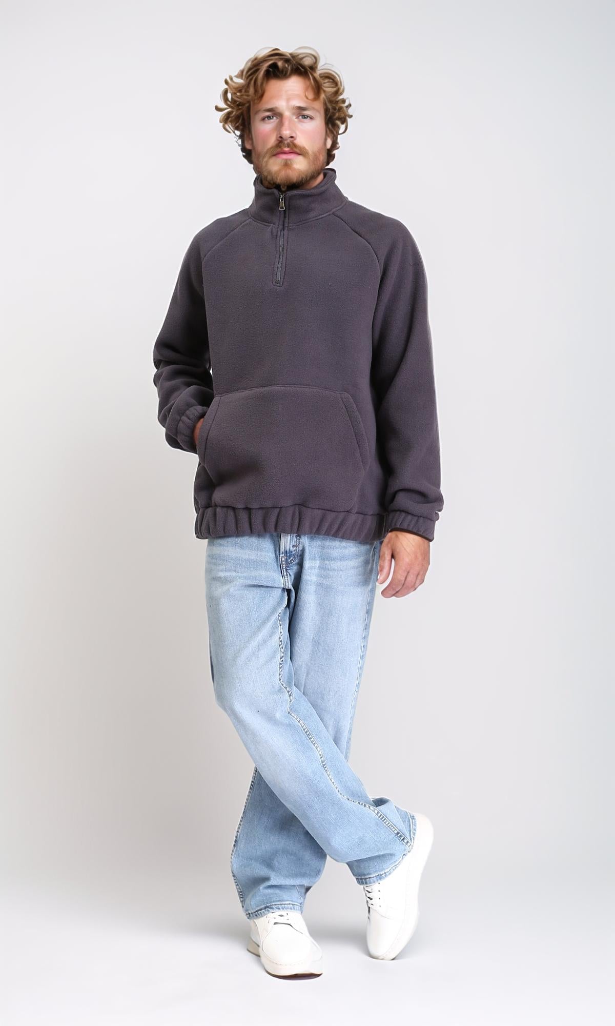 R212779 - Zipper Through Neck Solid Sweater - Dark Grey