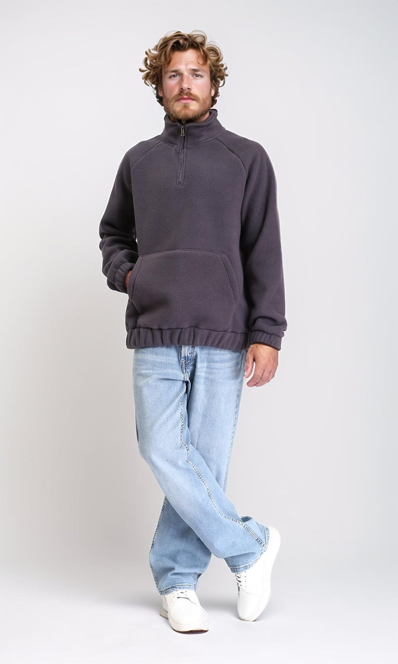 R212779 - Zipper Through Neck Solid Sweater - Dark Grey