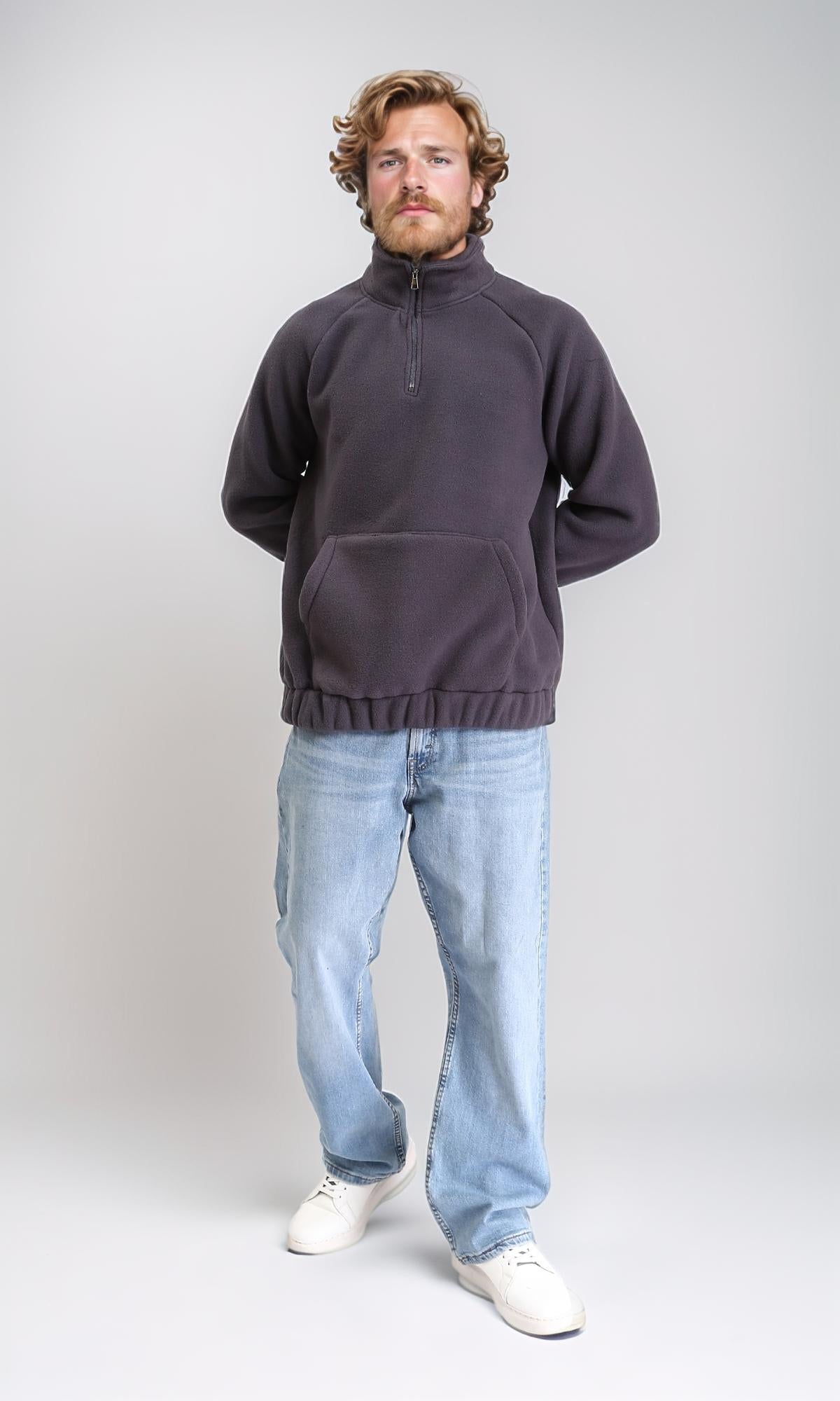 R212779 - Zipper Through Neck Solid Sweater - Dark Grey