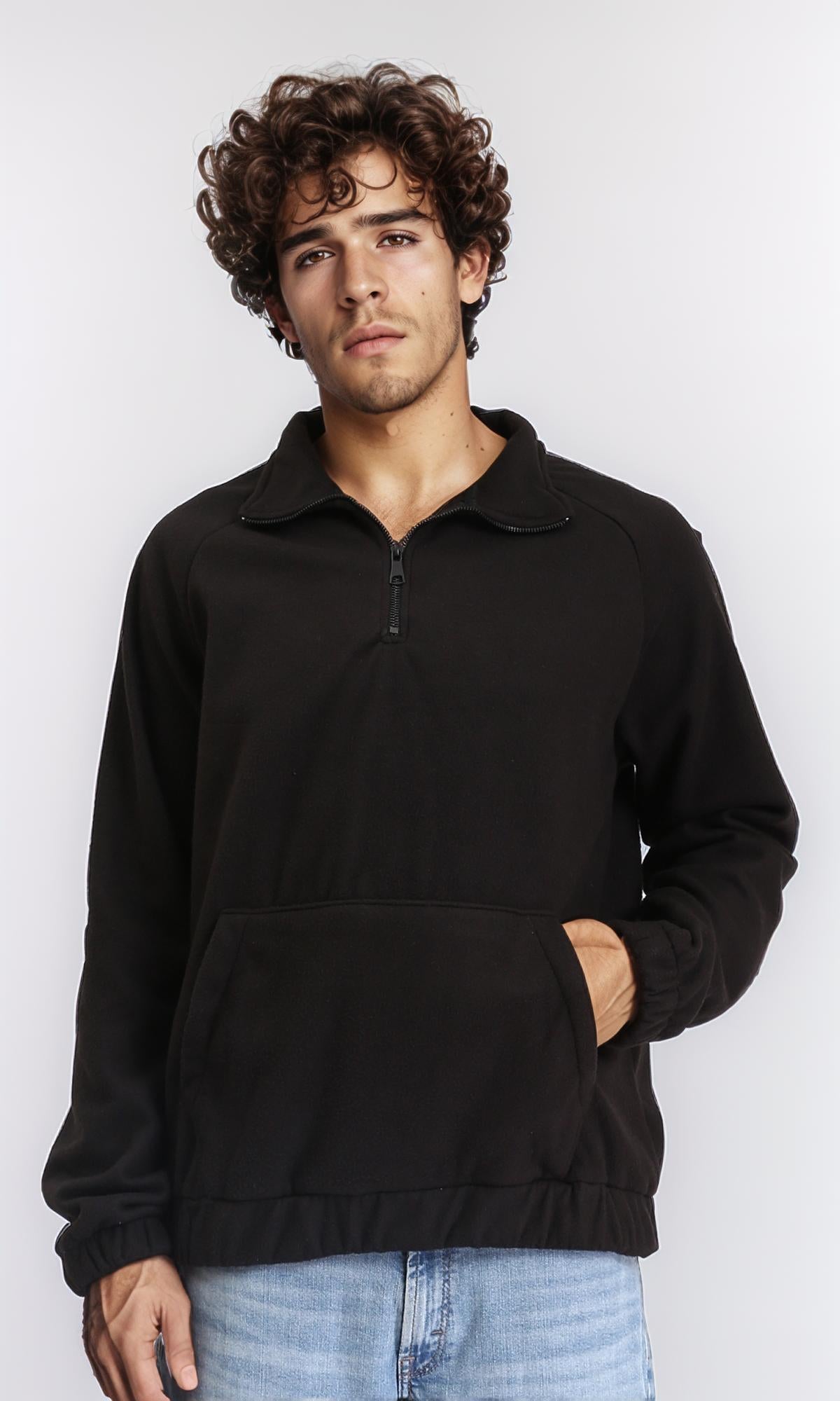 Zipper Through Neck Solid Sweater - Black